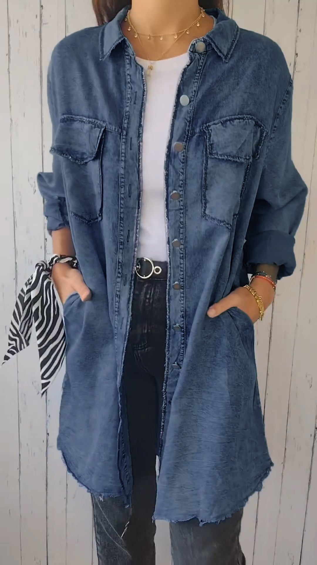Camisa Longa Confortável de Jeans Falso