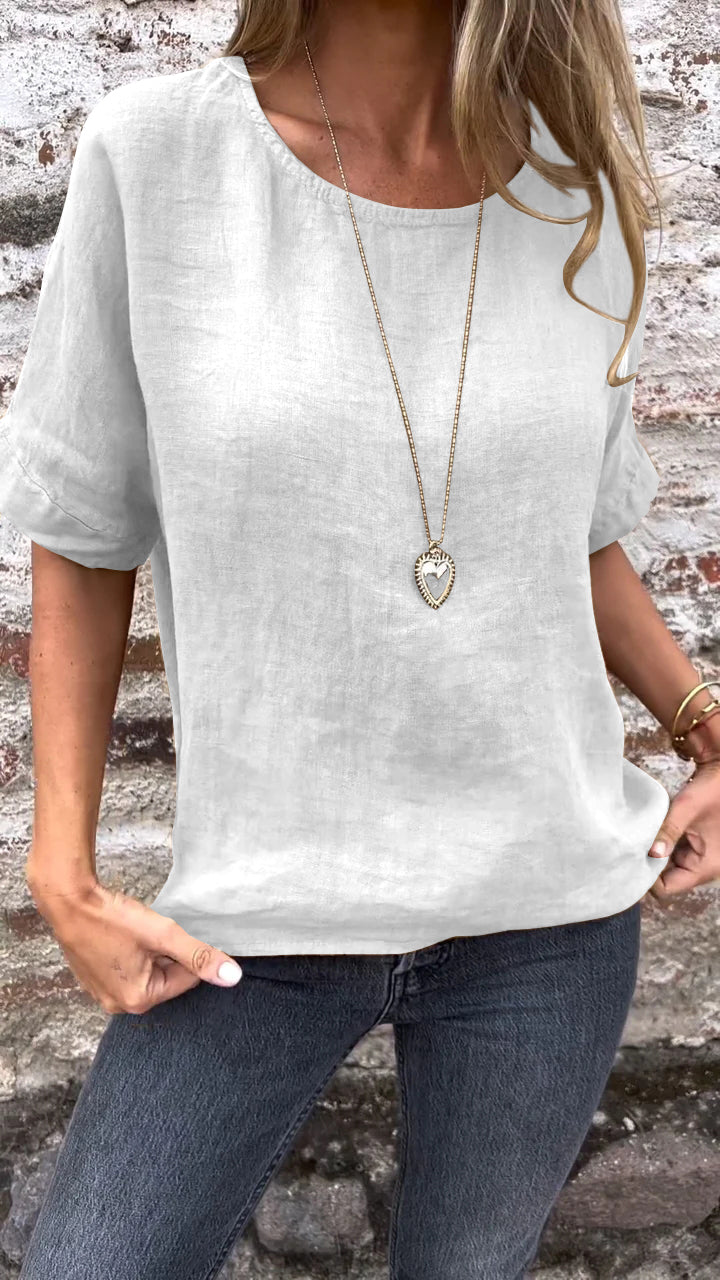 Blusa de Algodão e Linho com Gola Redonda e Mangas Curtas