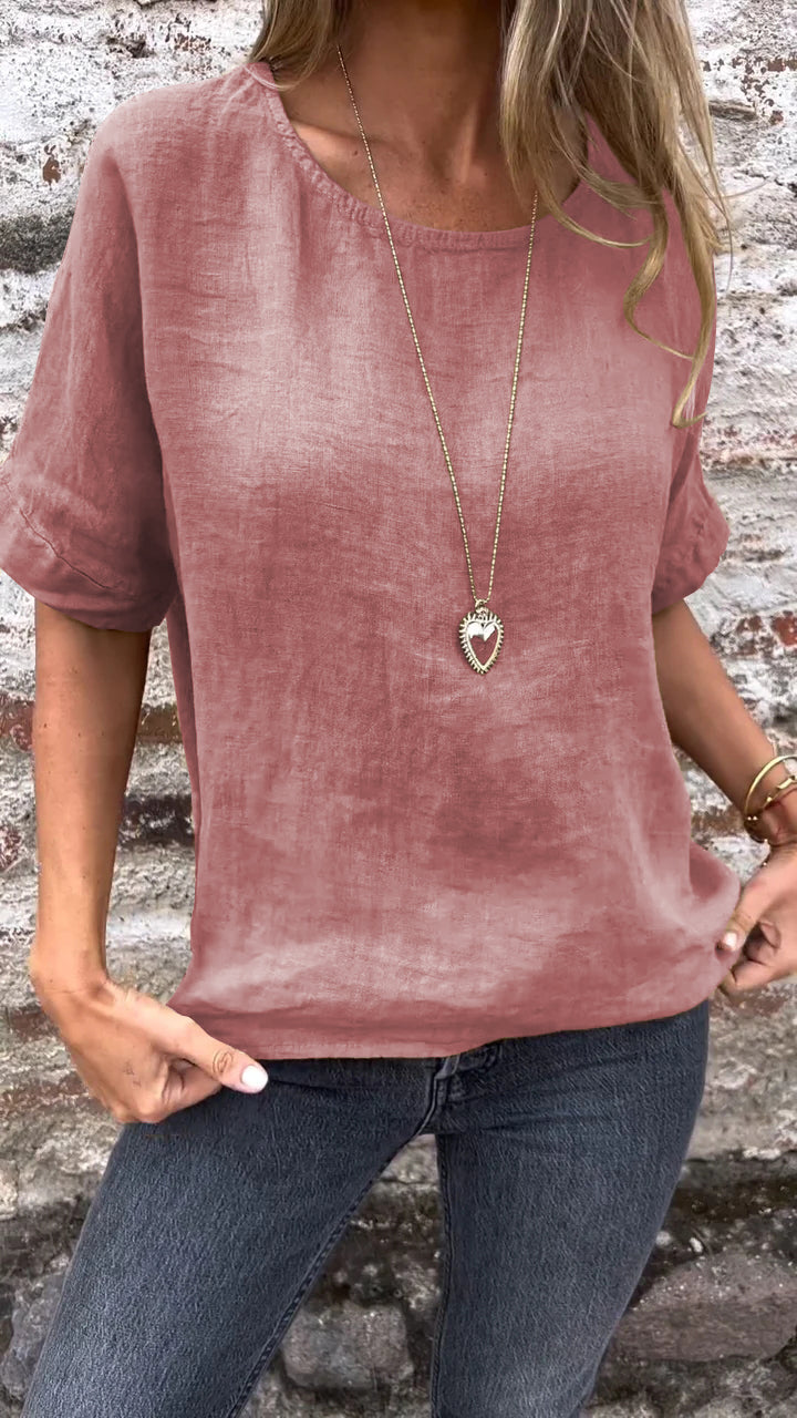 Blusa de Algodão e Linho com Gola Redonda e Mangas Curtas