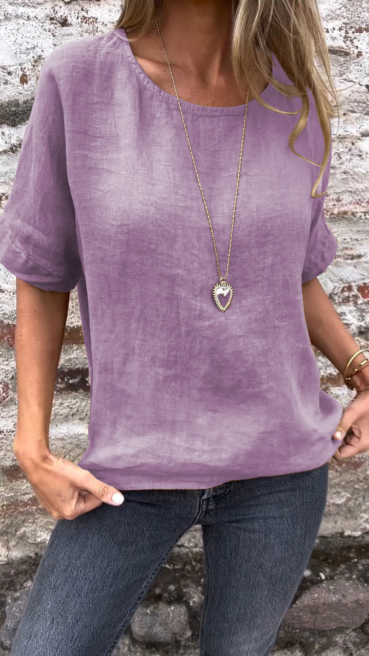 Blusa de Algodão e Linho com Gola Redonda e Mangas Curtas