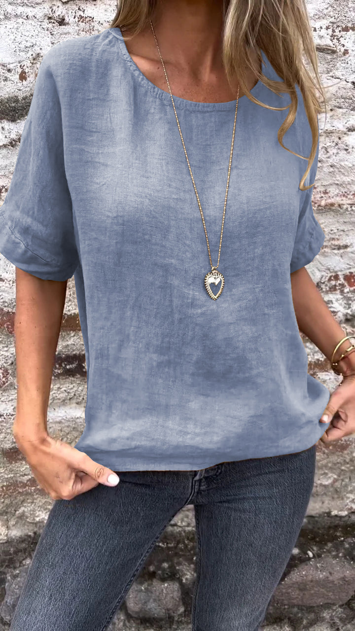 Blusa de Algodão e Linho com Gola Redonda e Mangas Curtas
