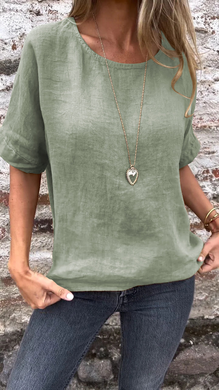 Blusa de Algodão e Linho com Gola Redonda e Mangas Curtas
