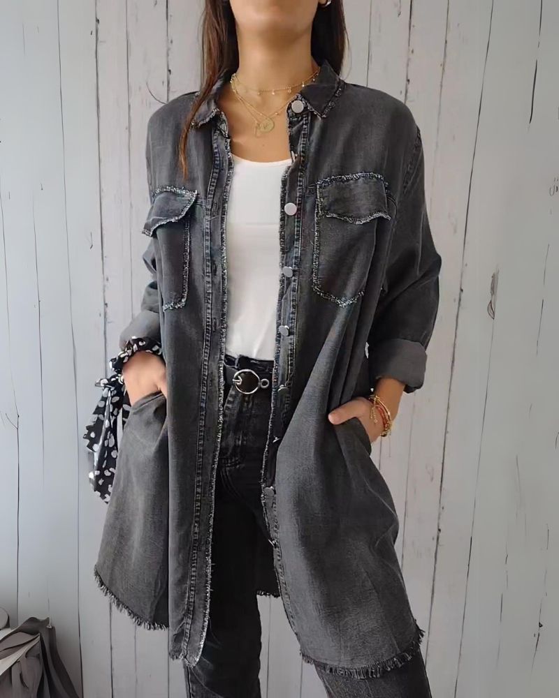 Camisa Jeans Oversized Feminina com Bolsos Frontais Elisa