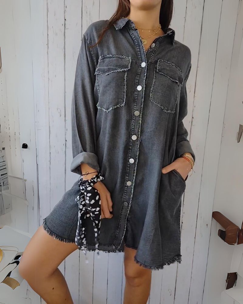 Camisa Jeans Oversized Feminina com Bolsos Frontais Elisa
