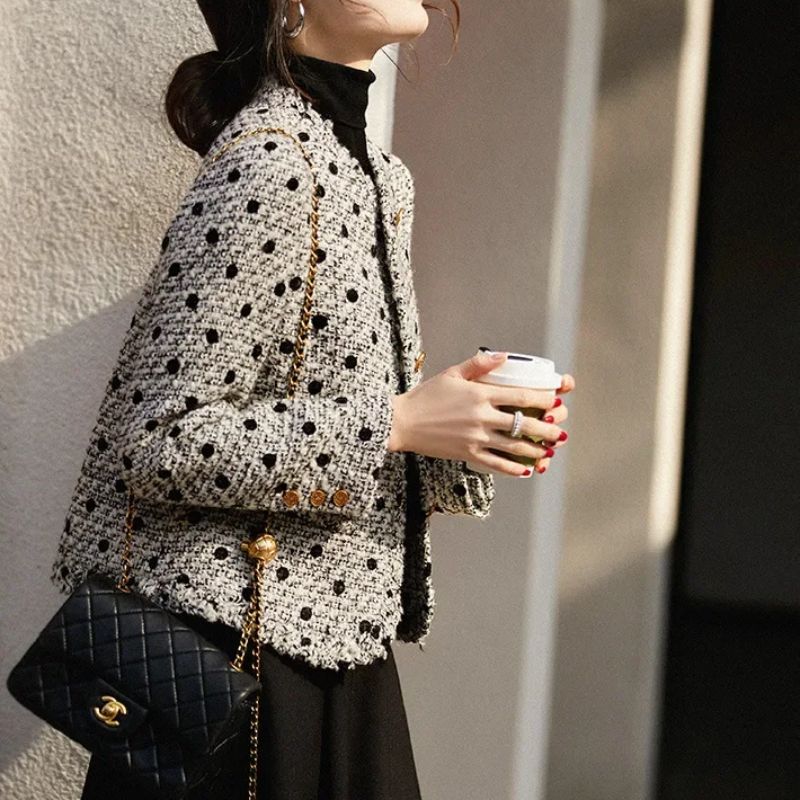 Blazer Feminino Retro Tweed Poá Preto ChicSoul