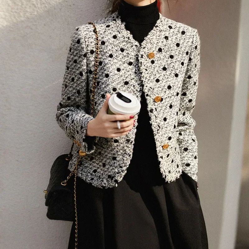 Blazer Feminino Retro Tweed Poá Preto Charme e Elegância