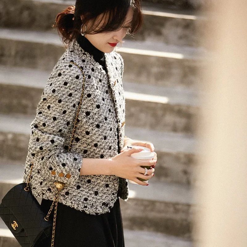 Blazer Feminino Retro Tweed Poá Preto ChicSoul