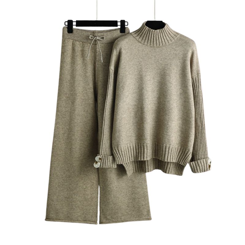 Conjunto Suéter Manga Longa e Calça Cintura de Elástico Caqui ChicSoul