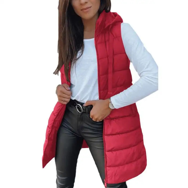 Colete Longo Feminino Puffer Matelassado com Capuz