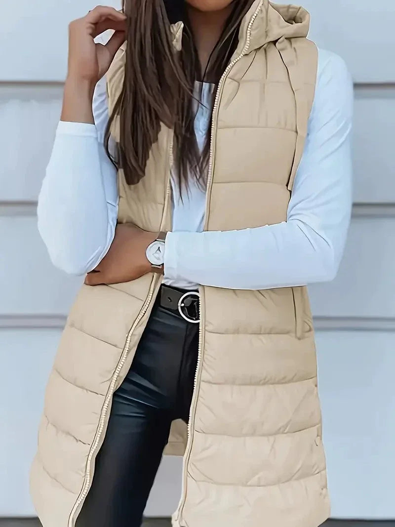 Colete Longo Feminino Puffer Matelassado com Capuz