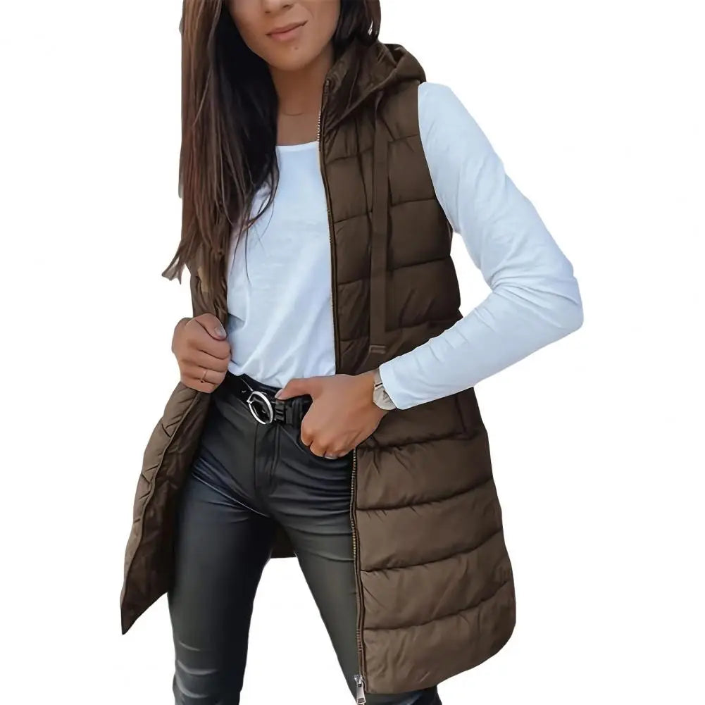 Colete Longo Feminino Puffer Matelassado com Capuz