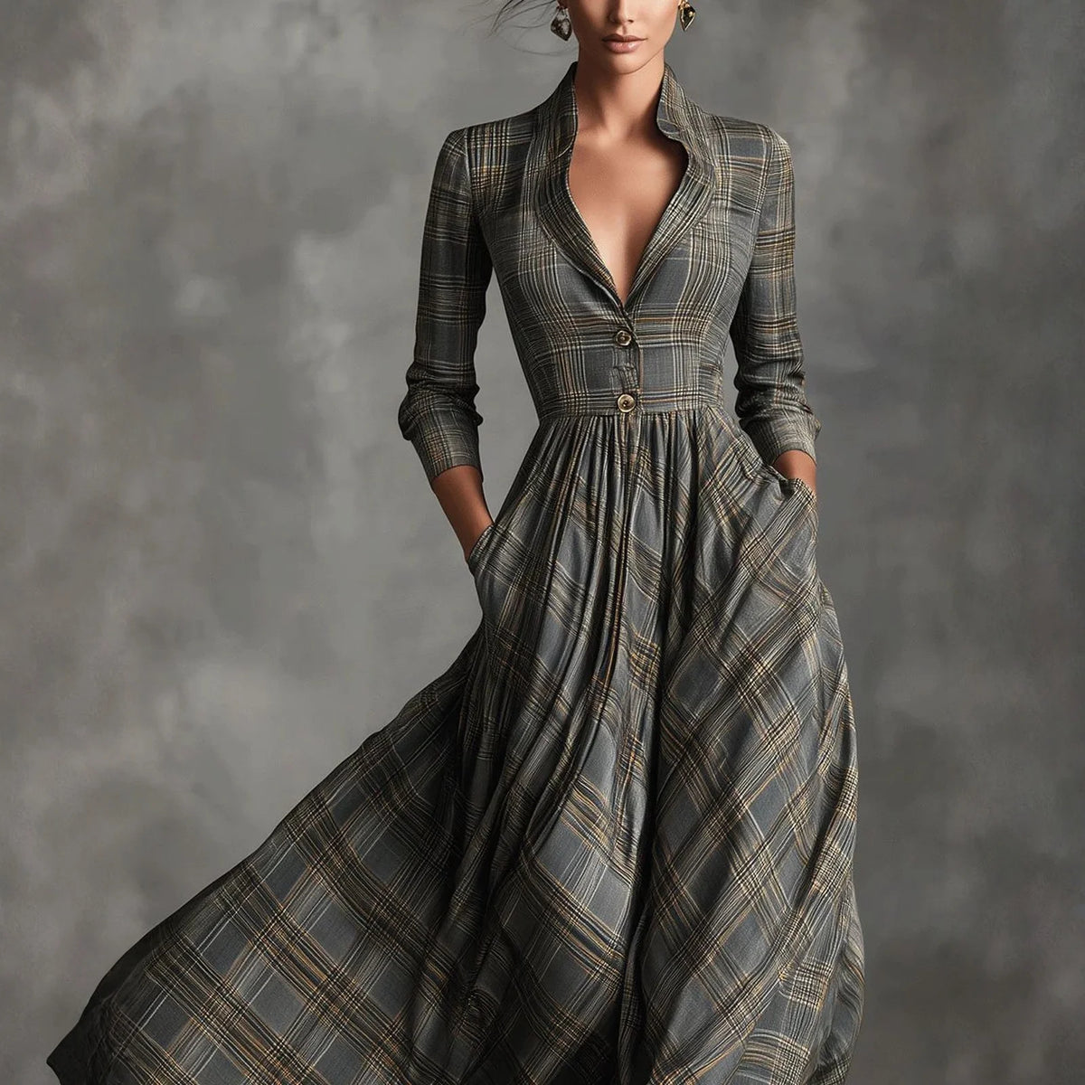 Vestido Longo Xadrez Elegante com Botões e Bolsos – Estilo Clássico Sofisticado