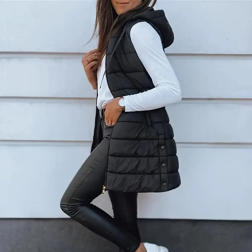 Colete Longo Feminino Puffer Matelassado com Capuz