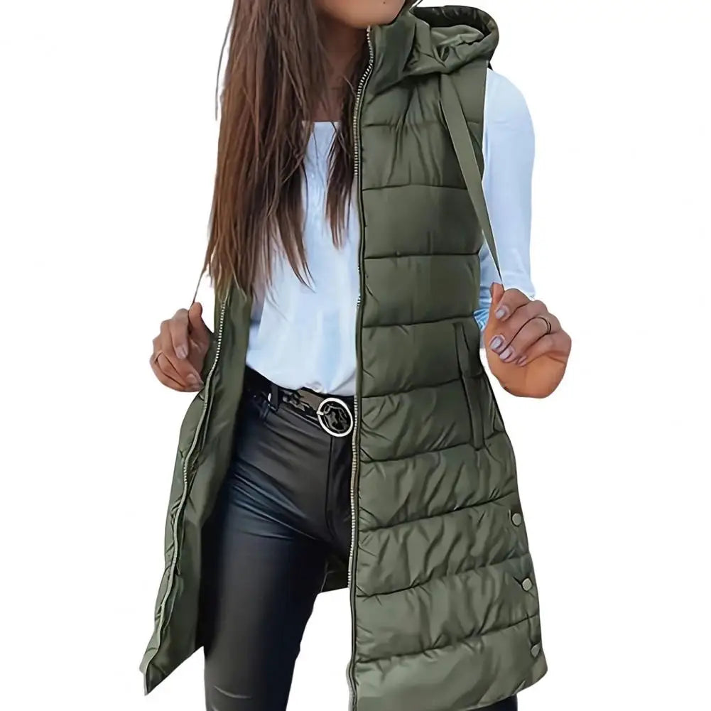 Colete Longo Feminino Puffer Matelassado com Capuz