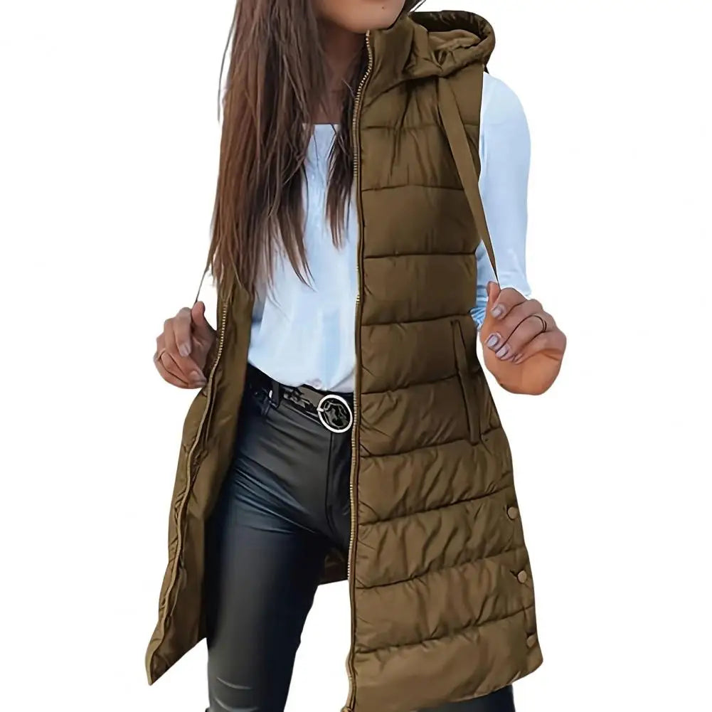 Colete Longo Feminino Puffer Matelassado com Capuz