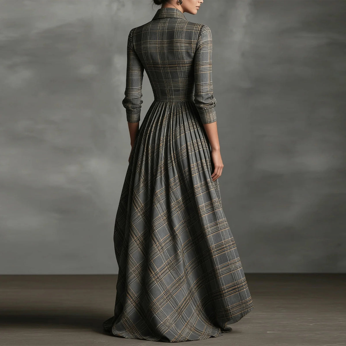 Vestido Longo Xadrez Elegante com Botões e Bolsos – Estilo Clássico Sofisticado