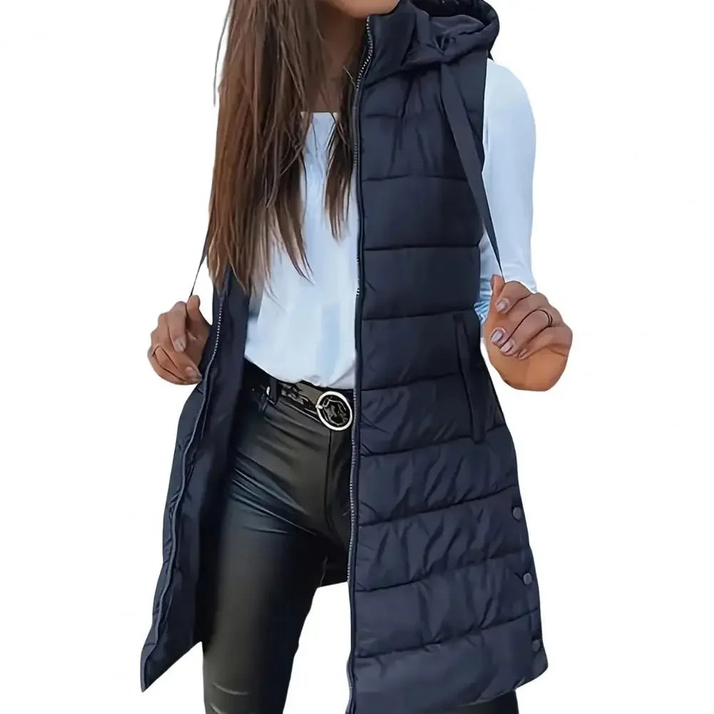 Colete Longo Feminino Puffer Matelassado com Capuz