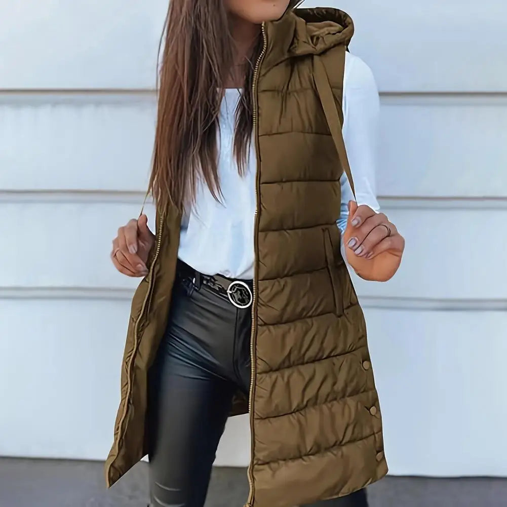 Colete Longo Feminino Puffer Matelassado com Capuz