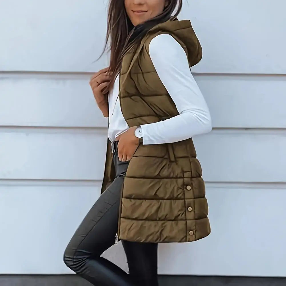Colete Longo Feminino Puffer Matelassado com Capuz