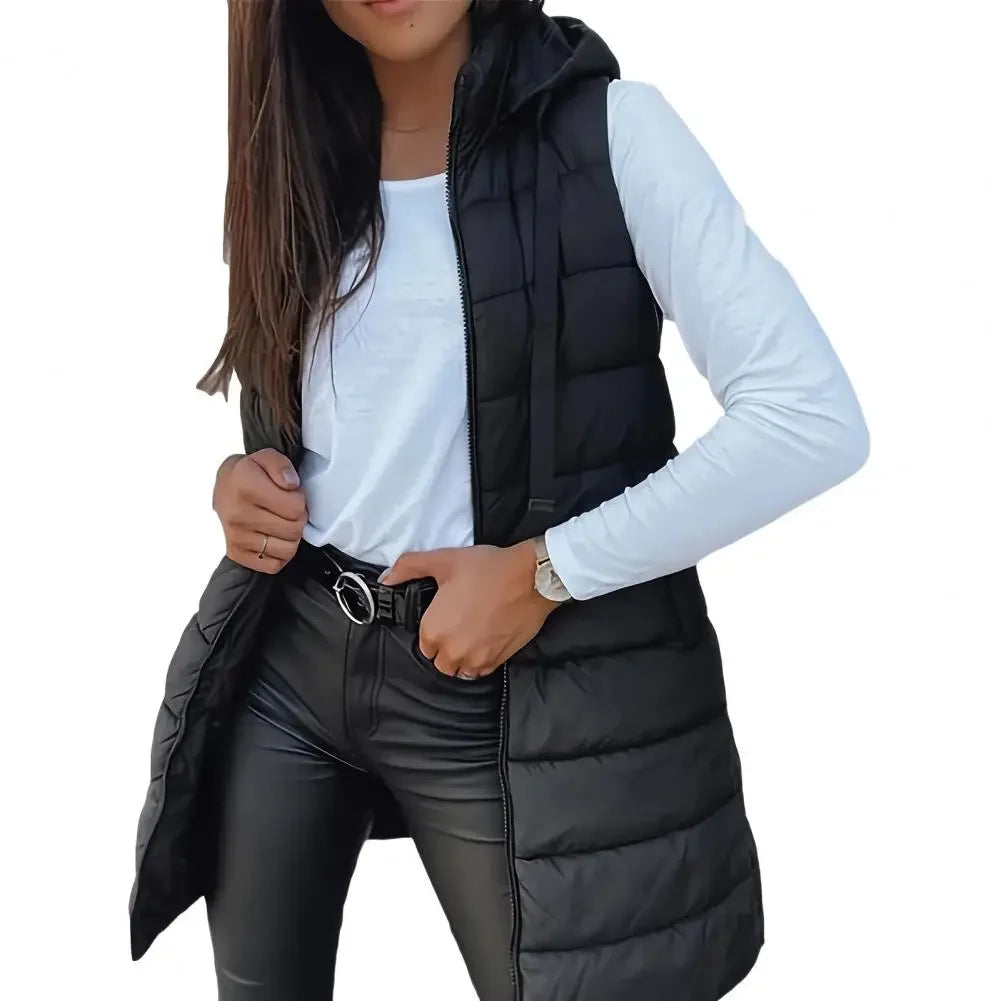 Colete Longo Feminino Puffer Matelassado com Capuz