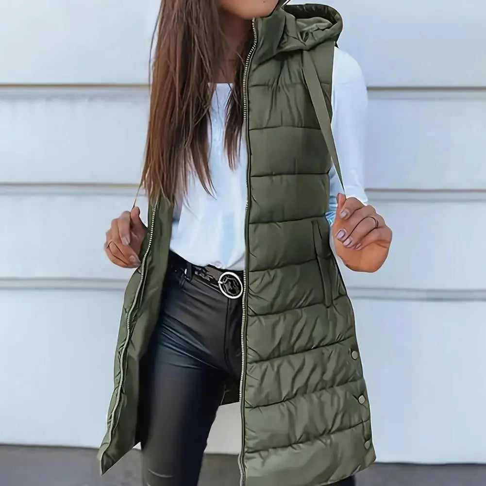 Colete Longo Feminino Puffer Matelassado com Capuz