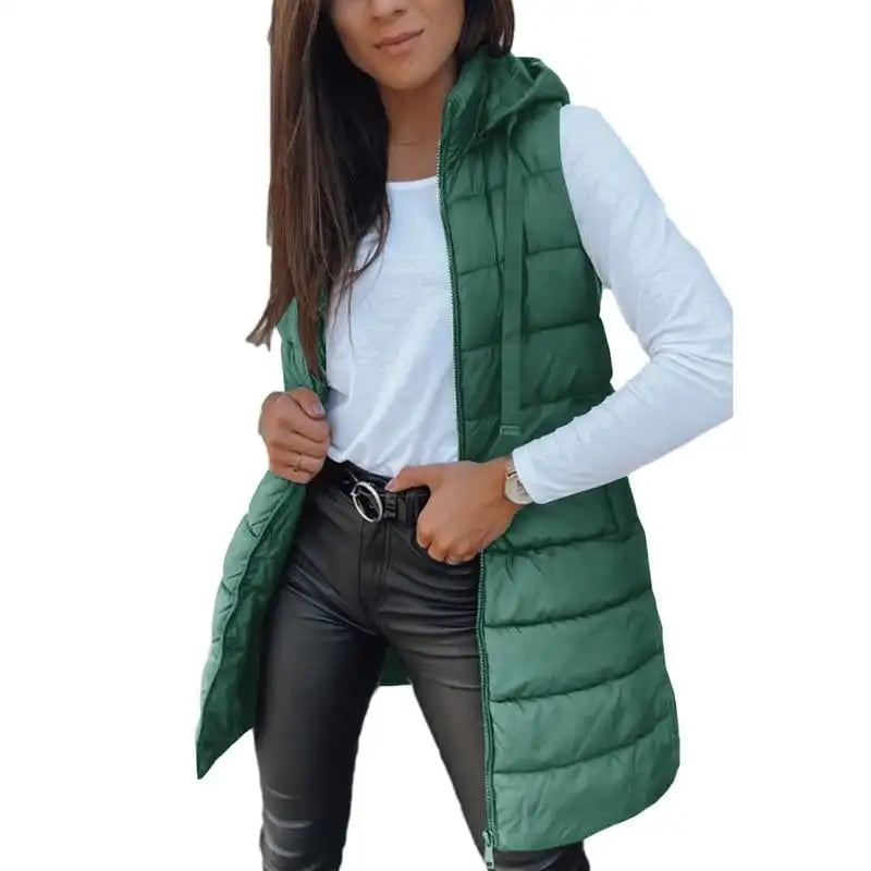 Colete Longo Feminino Puffer Matelassado com Capuz