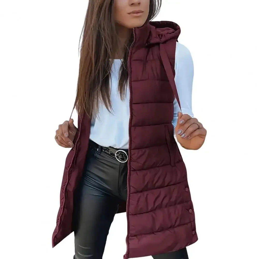 Colete Longo Feminino Puffer Matelassado com Capuz