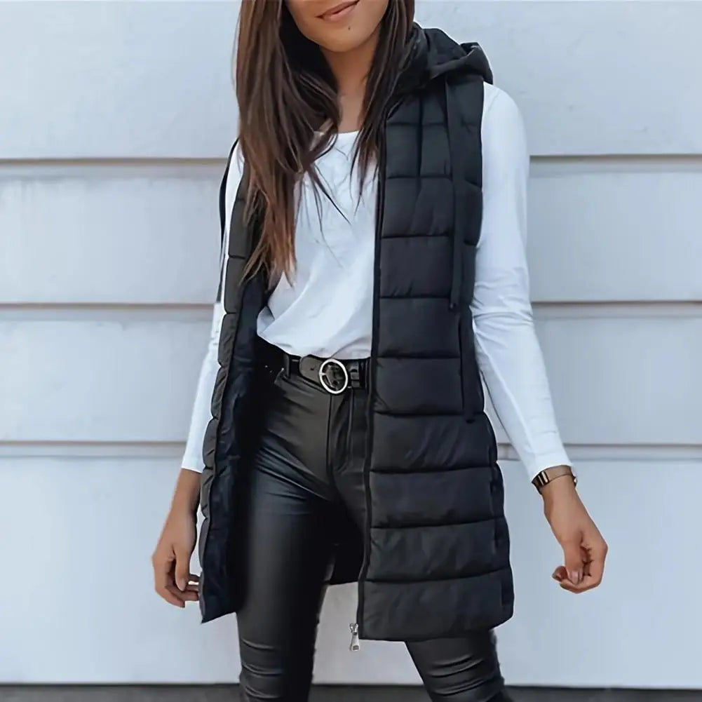 Colete Longo Feminino Puffer Matelassado com Capuz