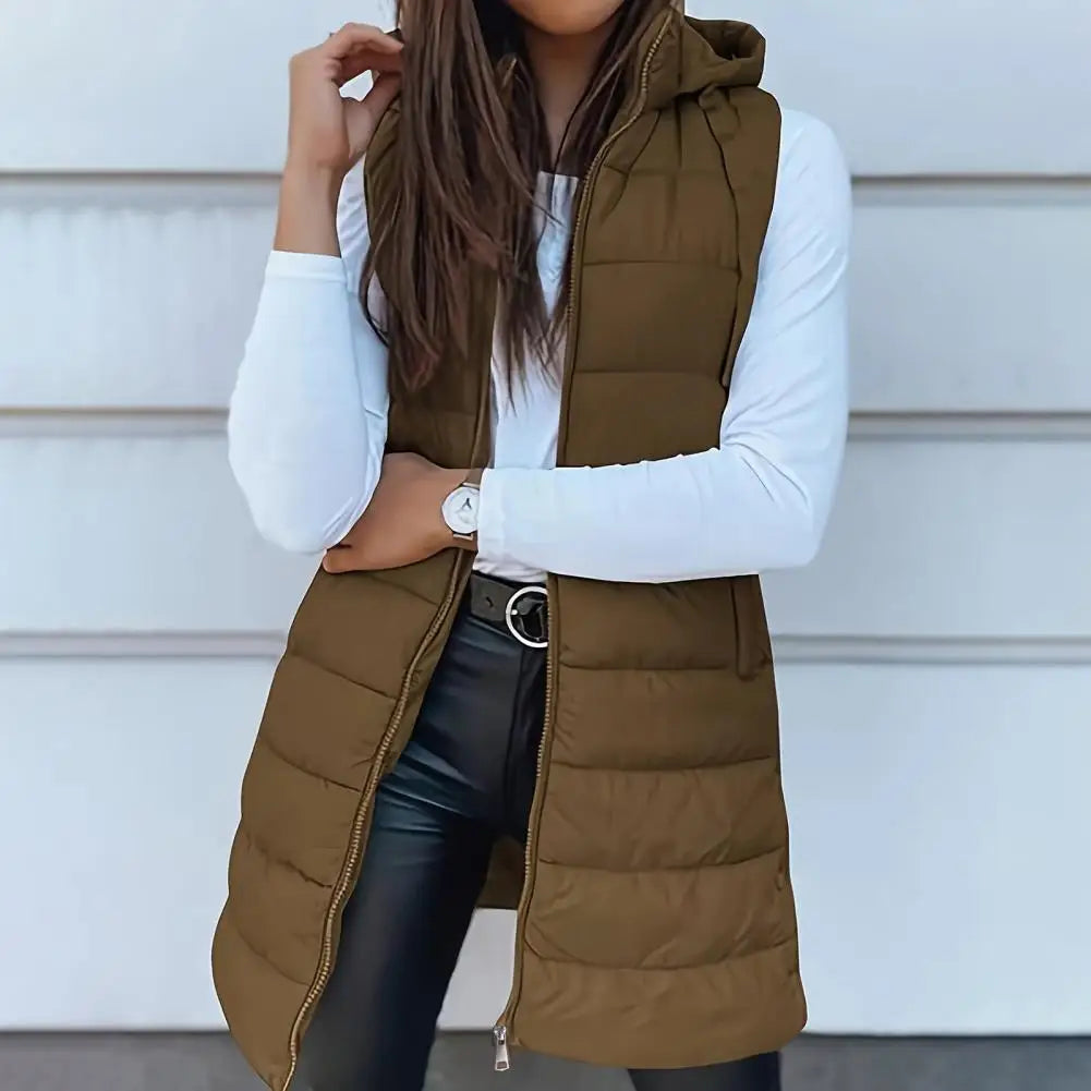 Colete Longo Feminino Puffer Matelassado com Capuz