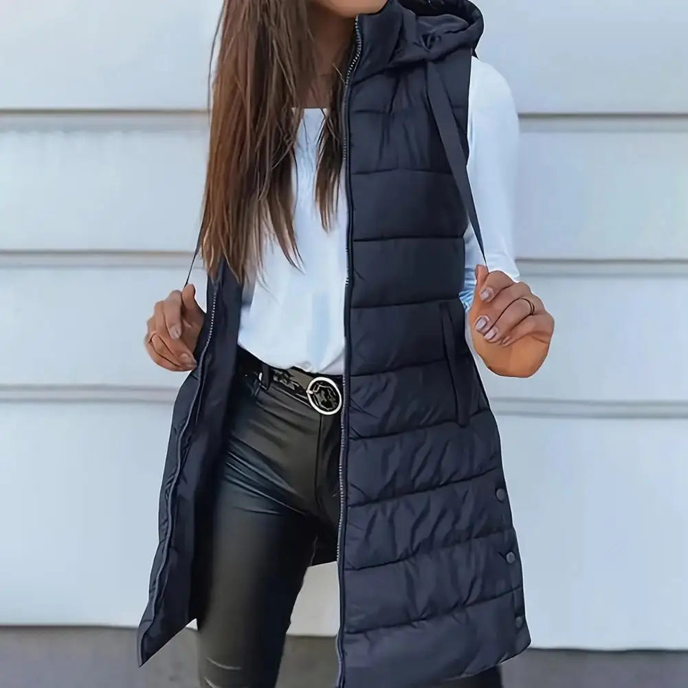Colete Longo Feminino Puffer Matelassado com Capuz