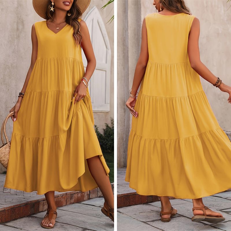 Vestido Midi Sem Manga Gola V com Saia de 3 Camadas