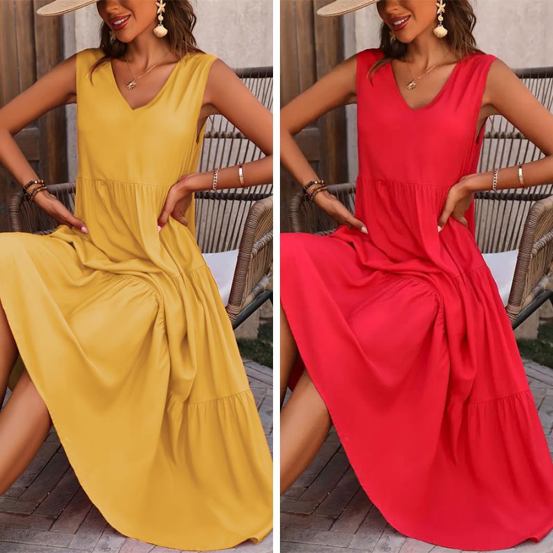 Vestido Midi Sem Manga Gola V com Saia de 3 Camadas