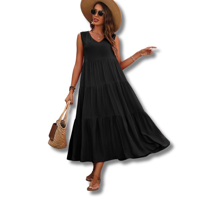 Vestido Midi Sem Manga Gola V com Saia de 3 Camadas