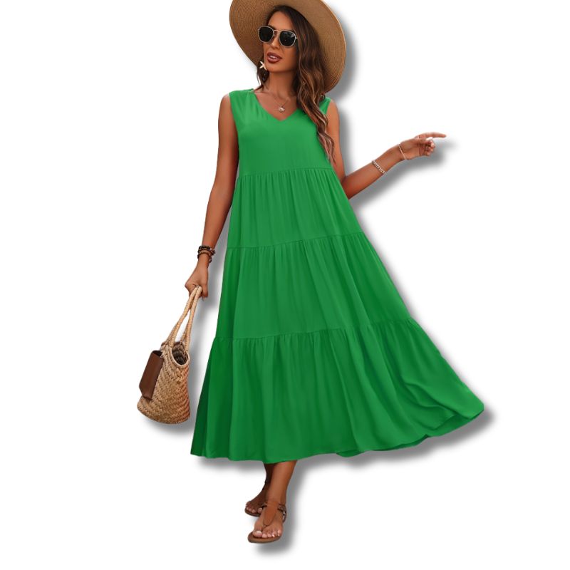 Vestido Midi Sem Manga Gola V com Saia de 3 Camadas
