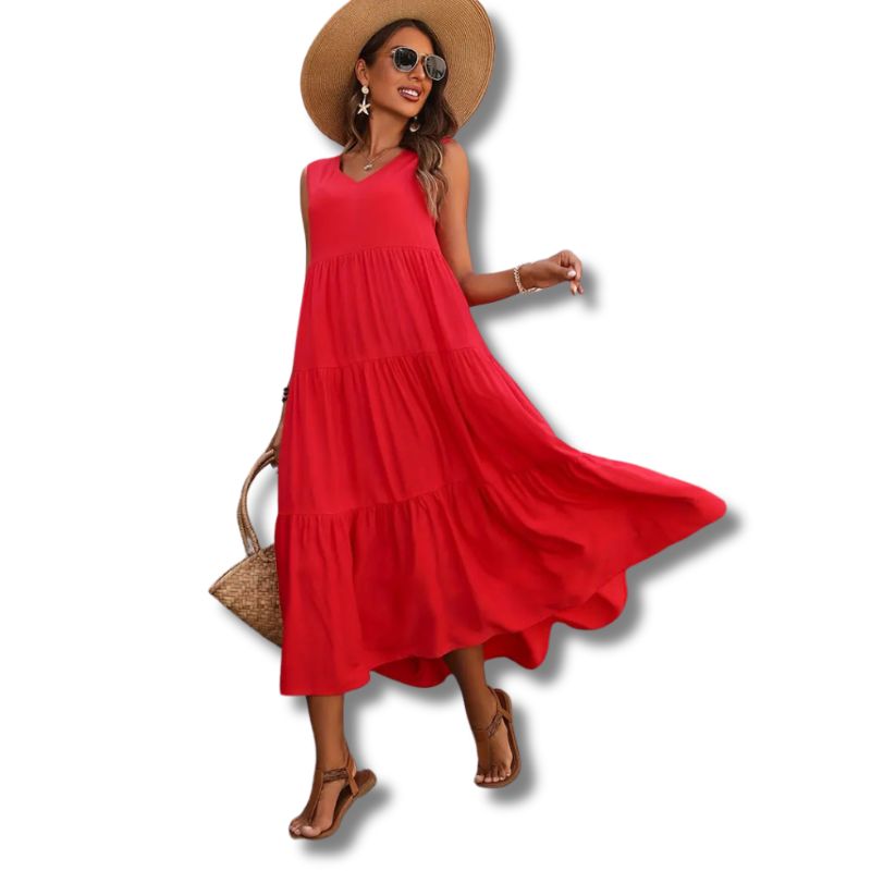 Vestido Midi Sem Manga Gola V com Saia de 3 Camadas