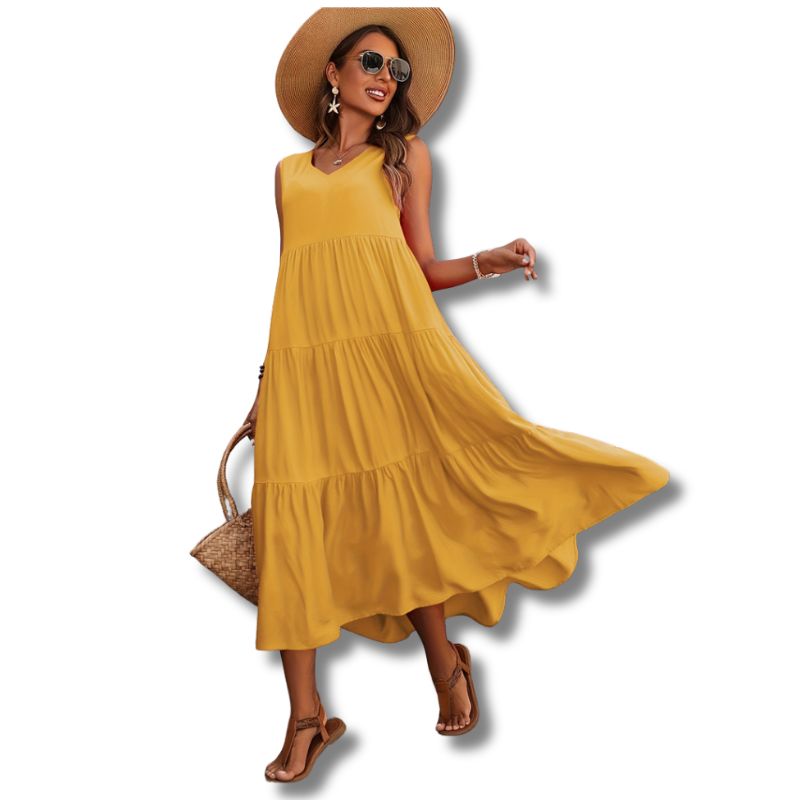 Vestido Midi Sem Manga Gola V com Saia de 3 Camadas