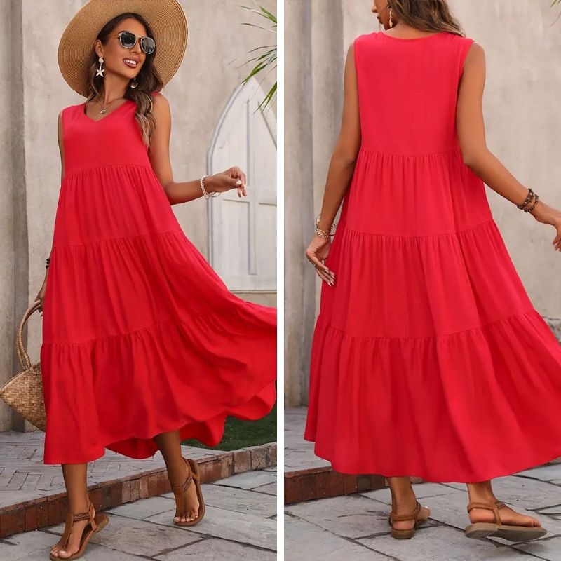 Vestido Midi Sem Manga Gola V com Saia de 3 Camadas