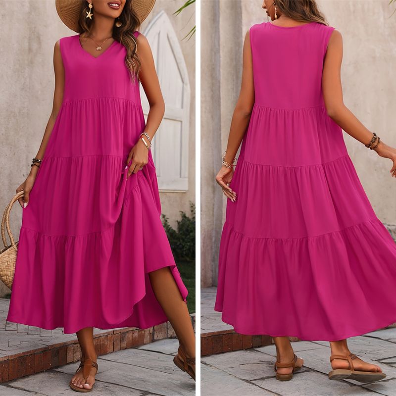 Vestido Midi Sem Manga Gola V com Saia de 3 Camadas