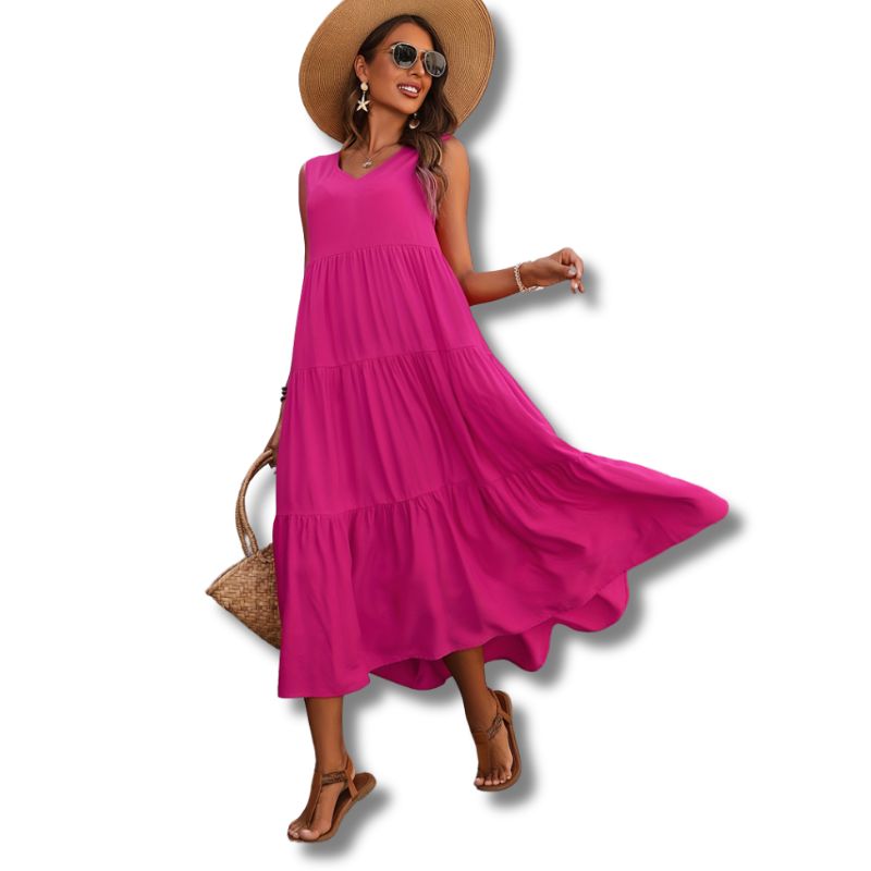 Vestido Midi Sem Manga Gola V com Saia de 3 Camadas