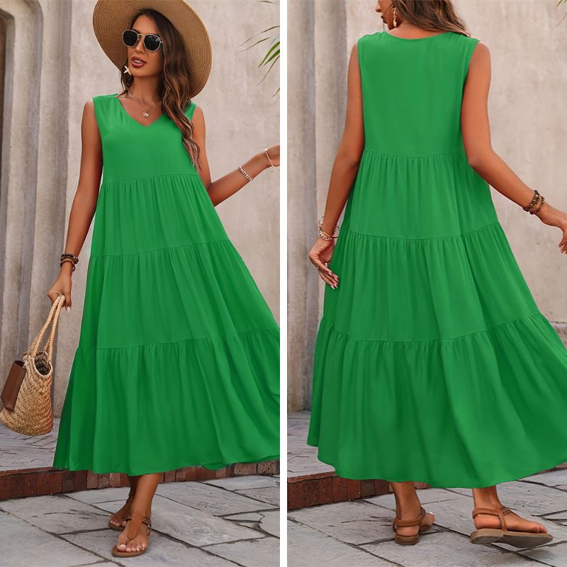 Vestido Midi Sem Manga Gola V com Saia de 3 Camadas