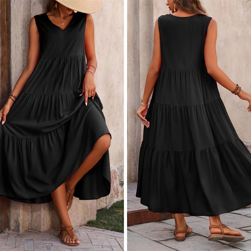 Vestido Midi Sem Manga Gola V com Saia de 3 Camadas
