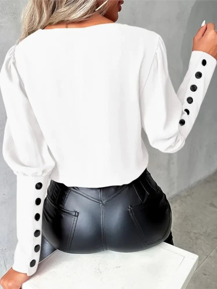 Camisa Social Feminina Decote V Manga Longa