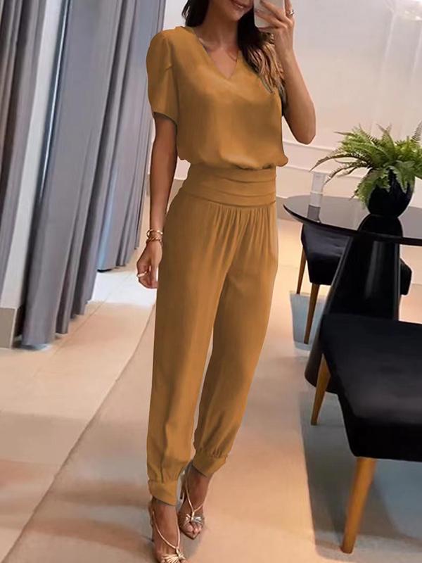Conjunto Casual de Duas Peças com Calças e Camisa Decote em V - ChicSoul