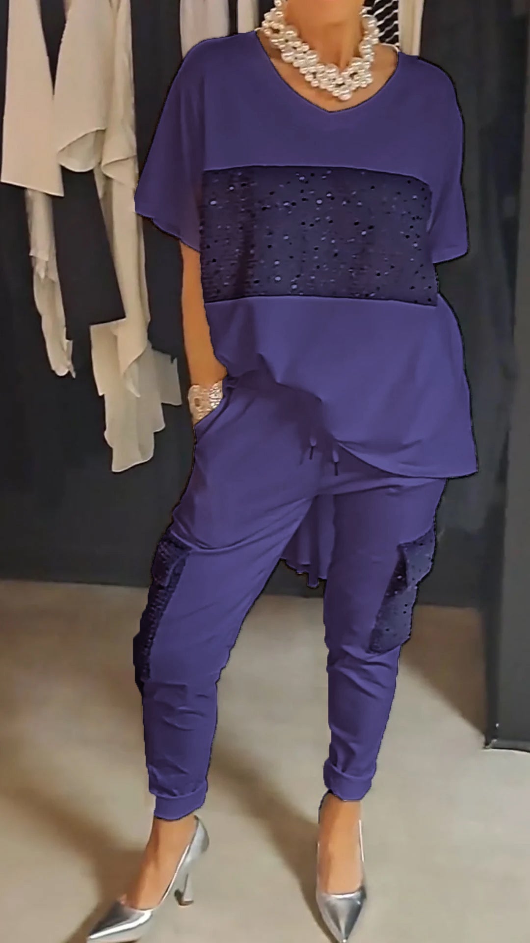 Conjunto de Duas Peças com Lantejoulas e Gola Redonda Casual