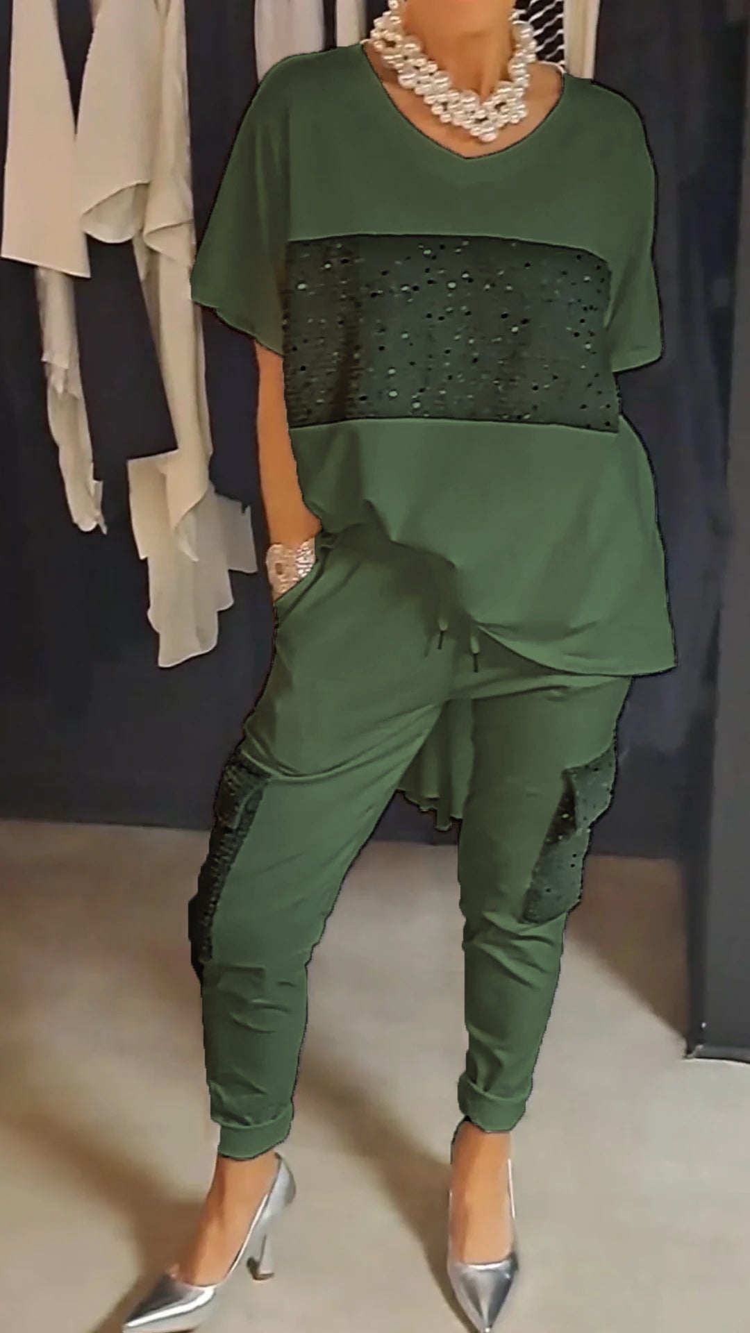 Conjunto de Duas Peças com Lantejoulas e Gola Redonda Casual