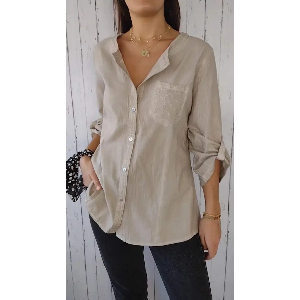 Camisa Casual de Algodão e Linho com Gola Redonda e Mangas 3/4