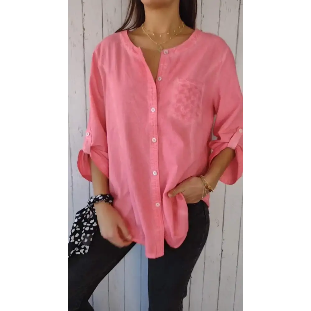 Camisa Casual de Algodão e Linho com Gola Redonda e Mangas 3/4
