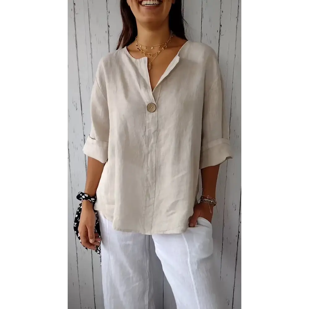 Blusa confortável de algodão e linho com decote em V