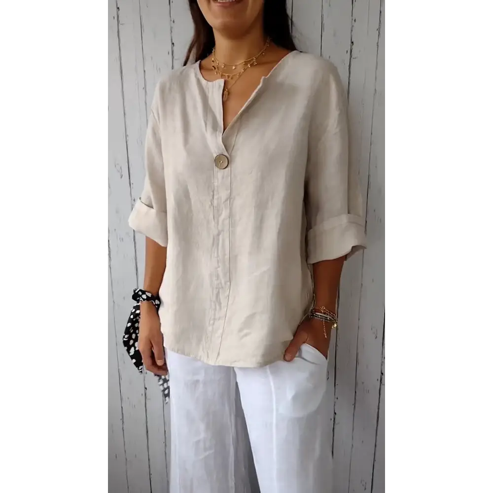 Blusa confortável de algodão e linho com decote em V