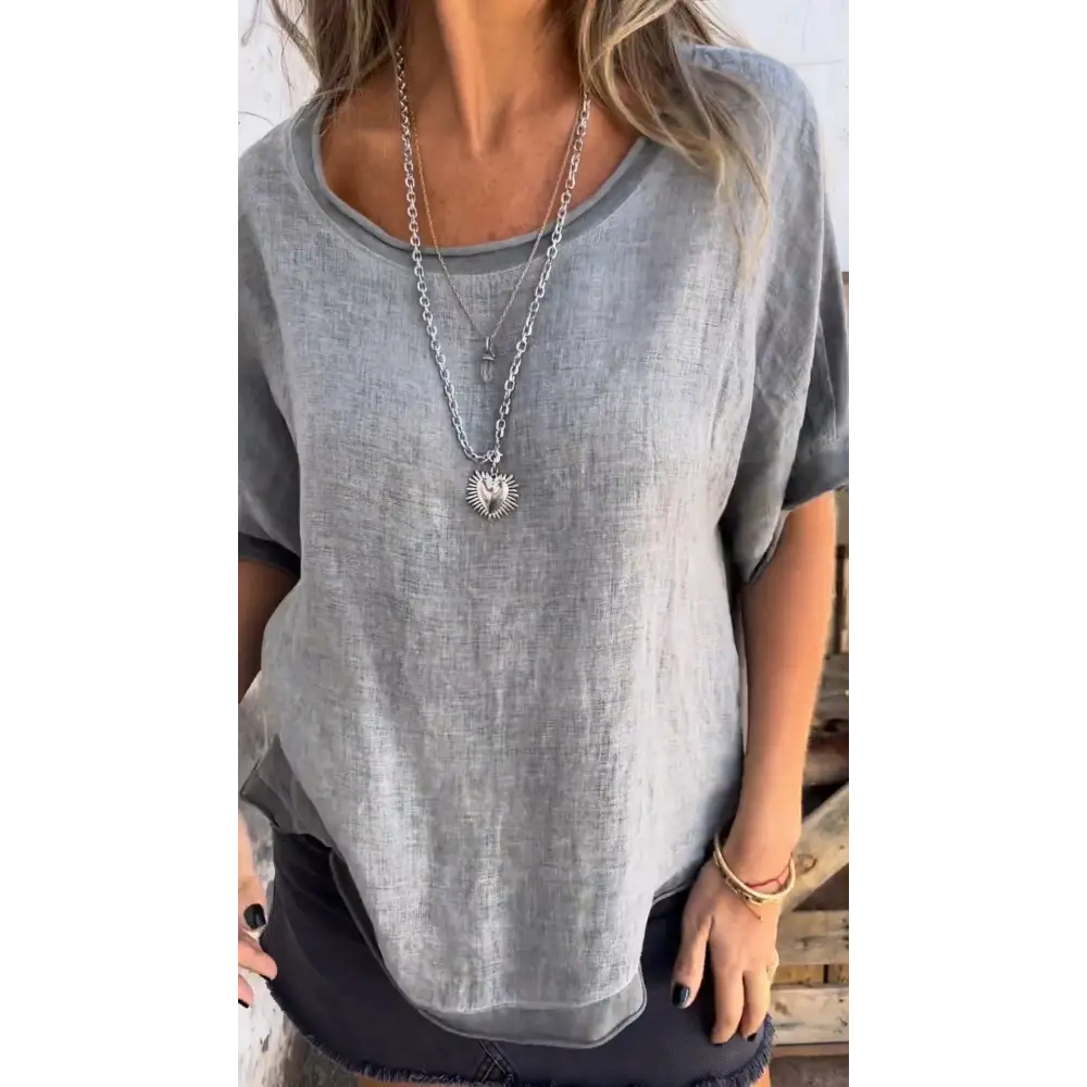 Blusa de Algodão e Linho com Patchwork Contrastante e Gola Redonda